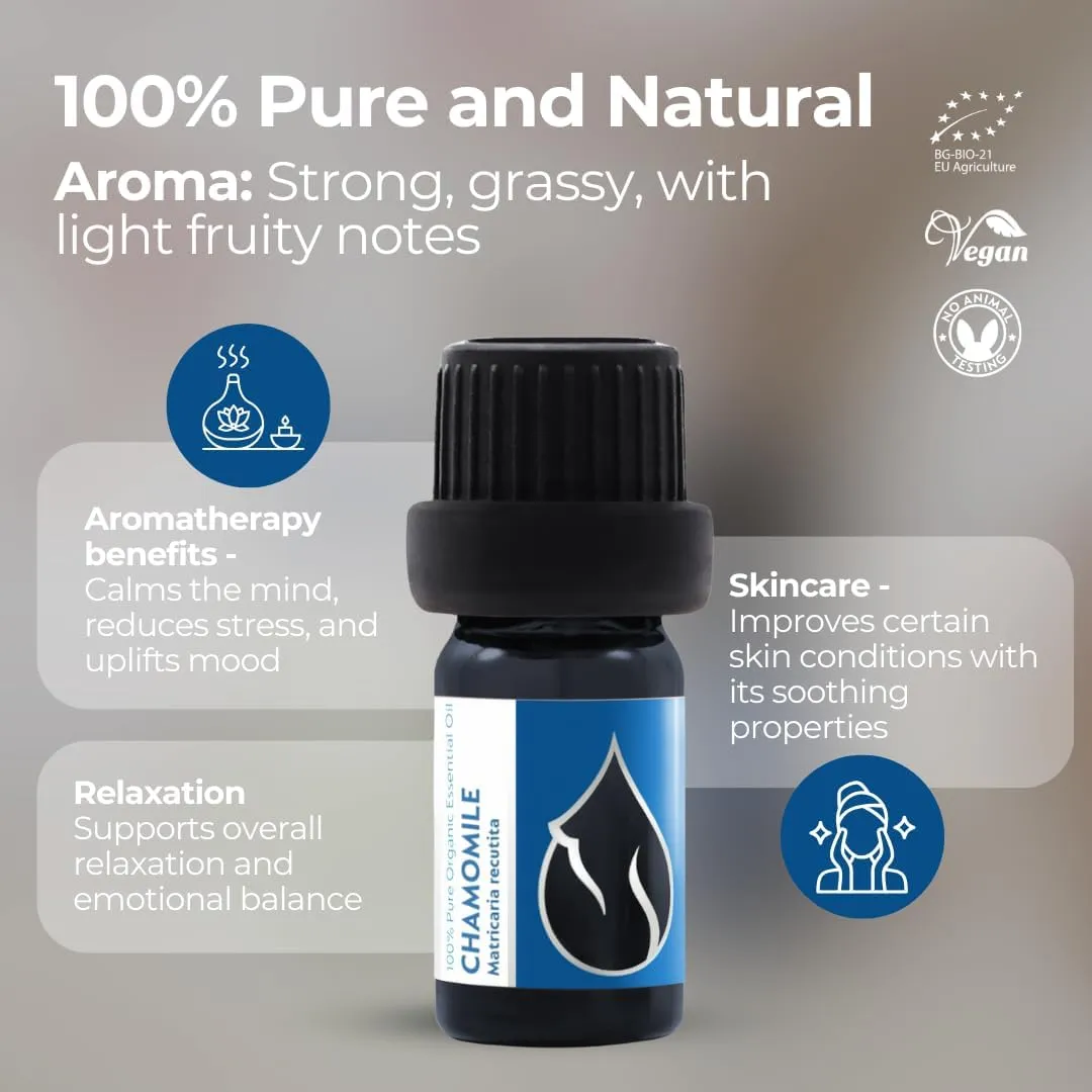 Essences Bulgaria Organic Chamomile Essential Oil - Blue 1/6 Fl Oz | 5ml | Matricaria recutita | 100% Pure and Natural | Undiluted | Therapeutic Grade | Family Owned Farm | Steam-Distilled | Non-GMO
