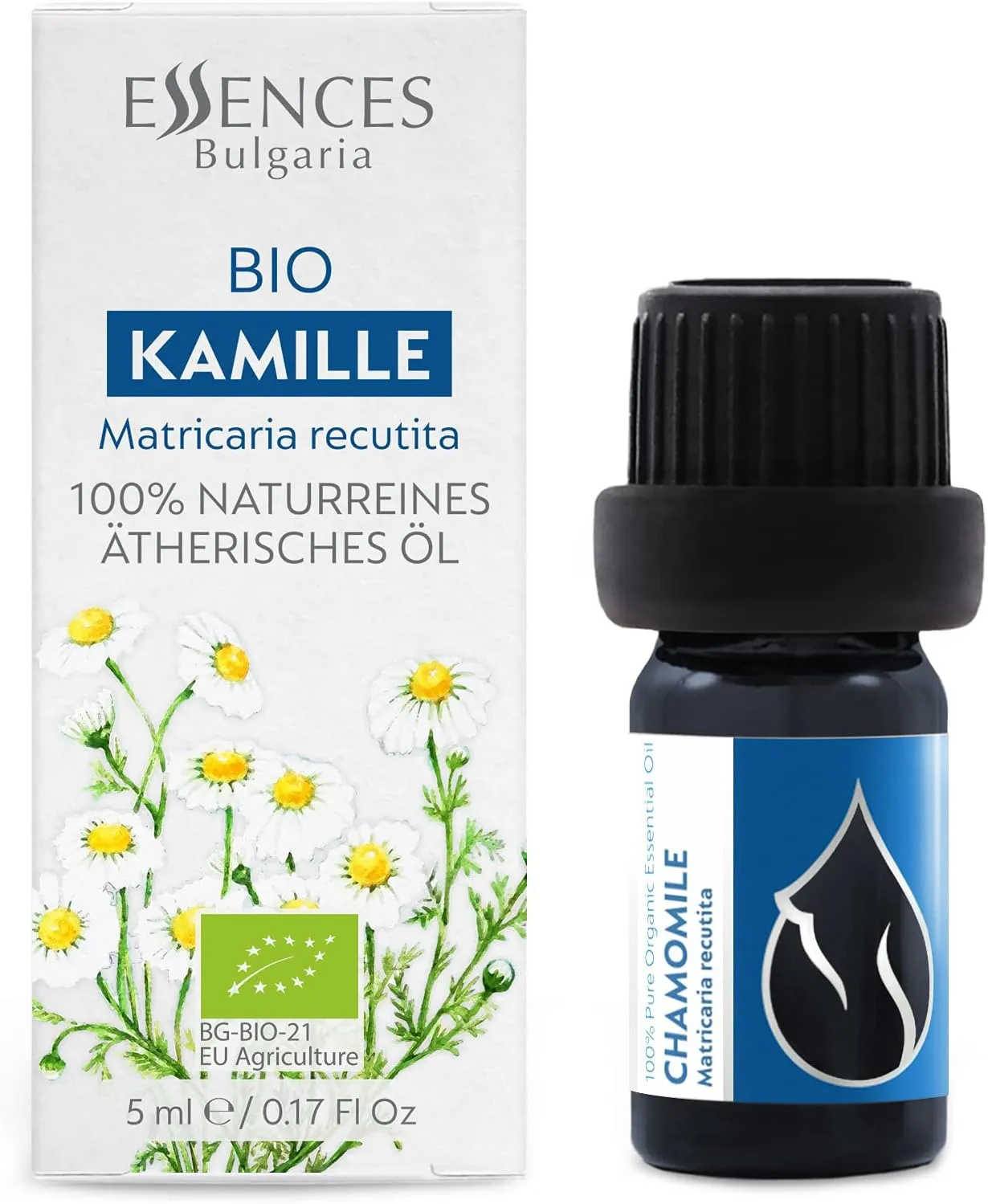 Essences Bulgaria Organic Chamomile Essential Oil - Blue 1/6 Fl Oz | 5ml | Matricaria recutita | 100% Pure and Natural | Undiluted | Therapeutic Grade | Family Owned Farm | Steam-Distilled | Non-GMO
