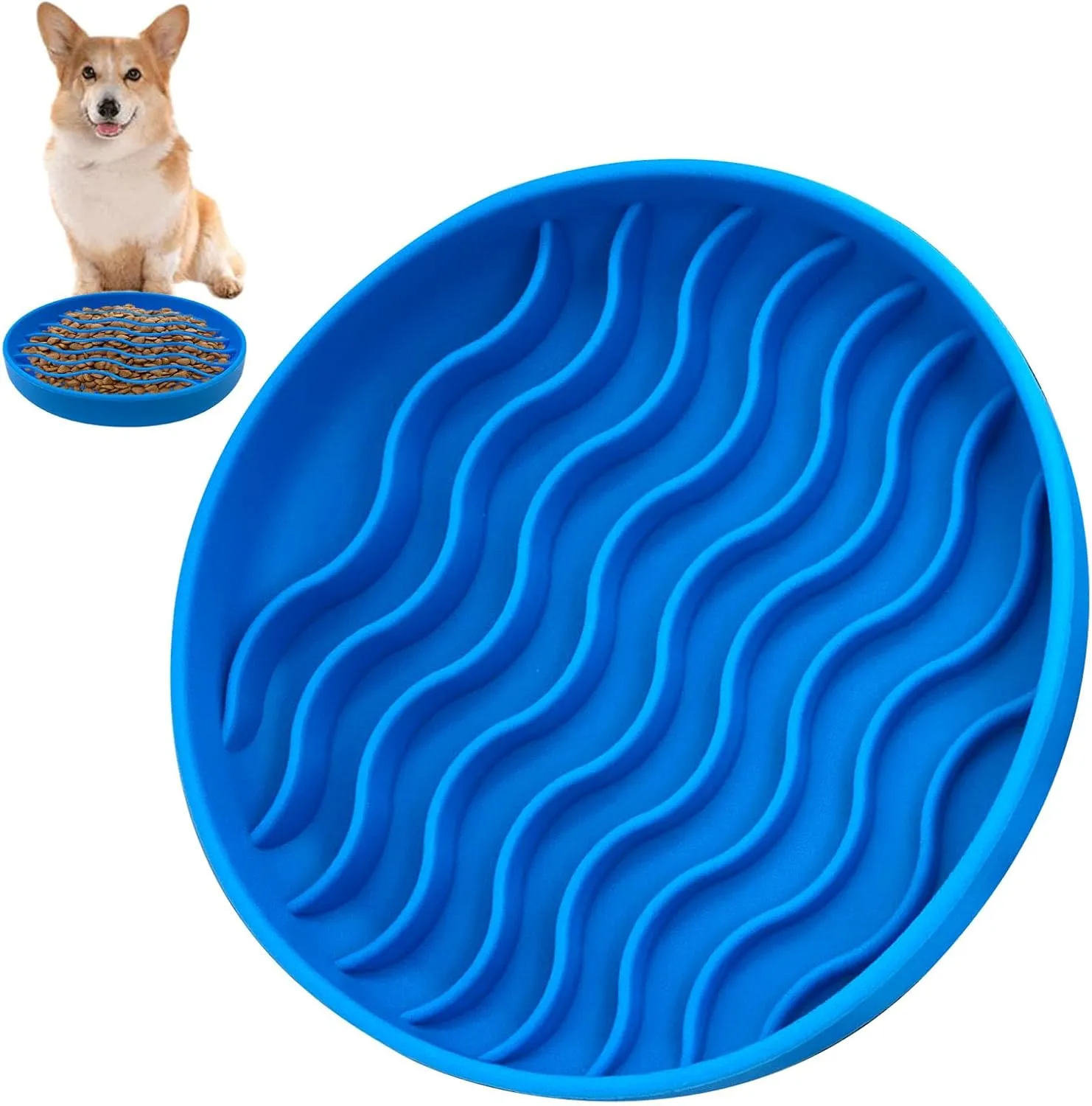 Fhiny Slow Feeder Dog Bowl Non-Slip Silicone - Blue Pet Food Dish for Fast Eaters, Dishwasher Safe
