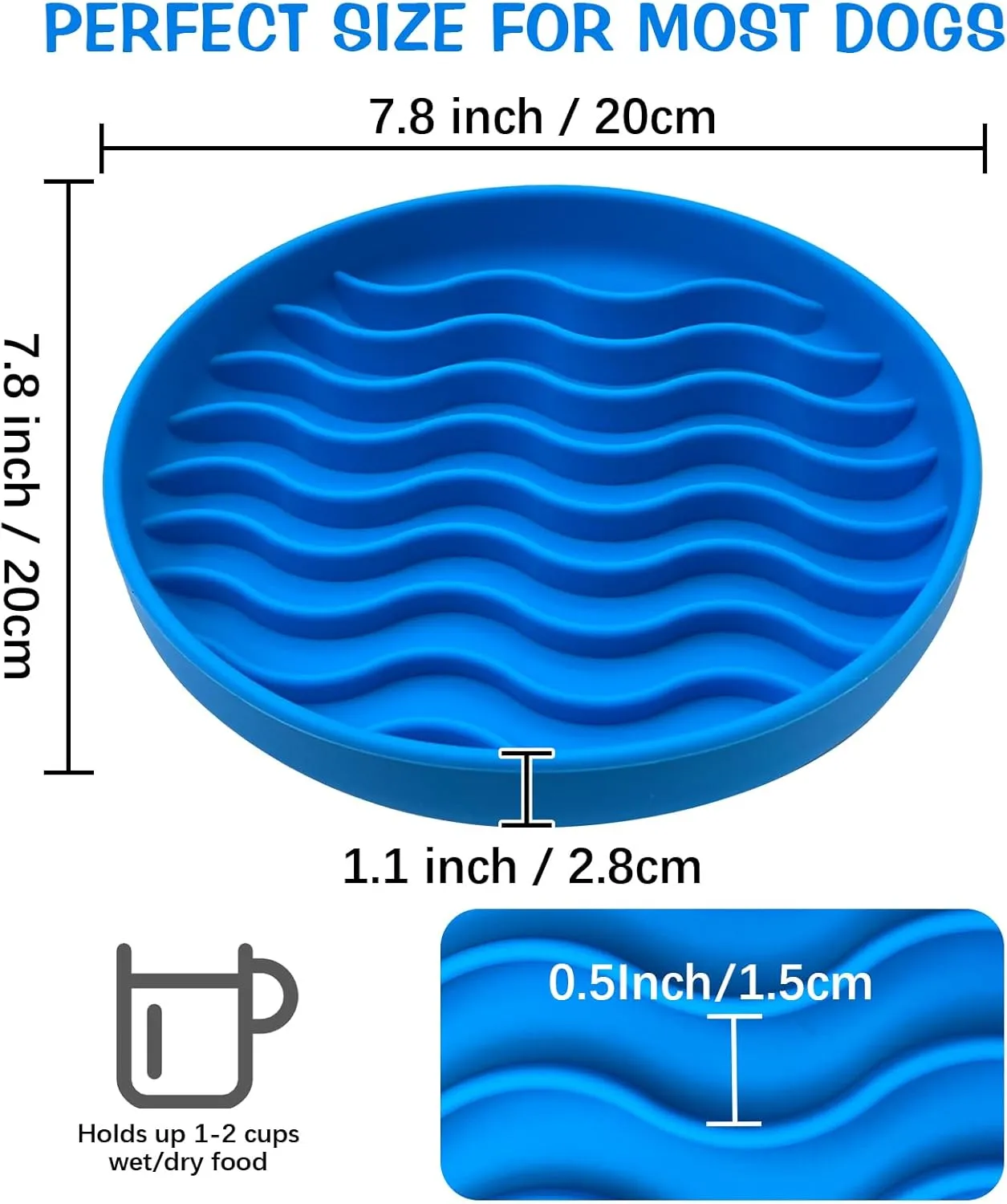 Fhiny Slow Feeder Dog Bowl Non-Slip Silicone - Blue Pet Food Dish for Fast Eaters, Dishwasher Safe