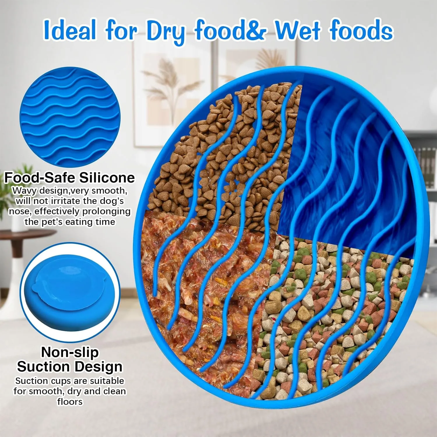 Fhiny Slow Feeder Dog Bowl Non-Slip Silicone - Blue Pet Food Dish for Fast Eaters, Dishwasher Safe