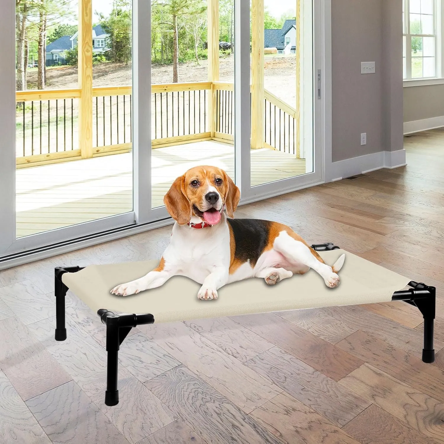 FIOCCO Elevated Dog Bed - Dog Cot with Chew Proof Mesh for Medium Dogs, Waterproof Washable Raised Pet Bed, Portable Pet Bed for Outdoor Use, Dogs Cot Beds, Beige