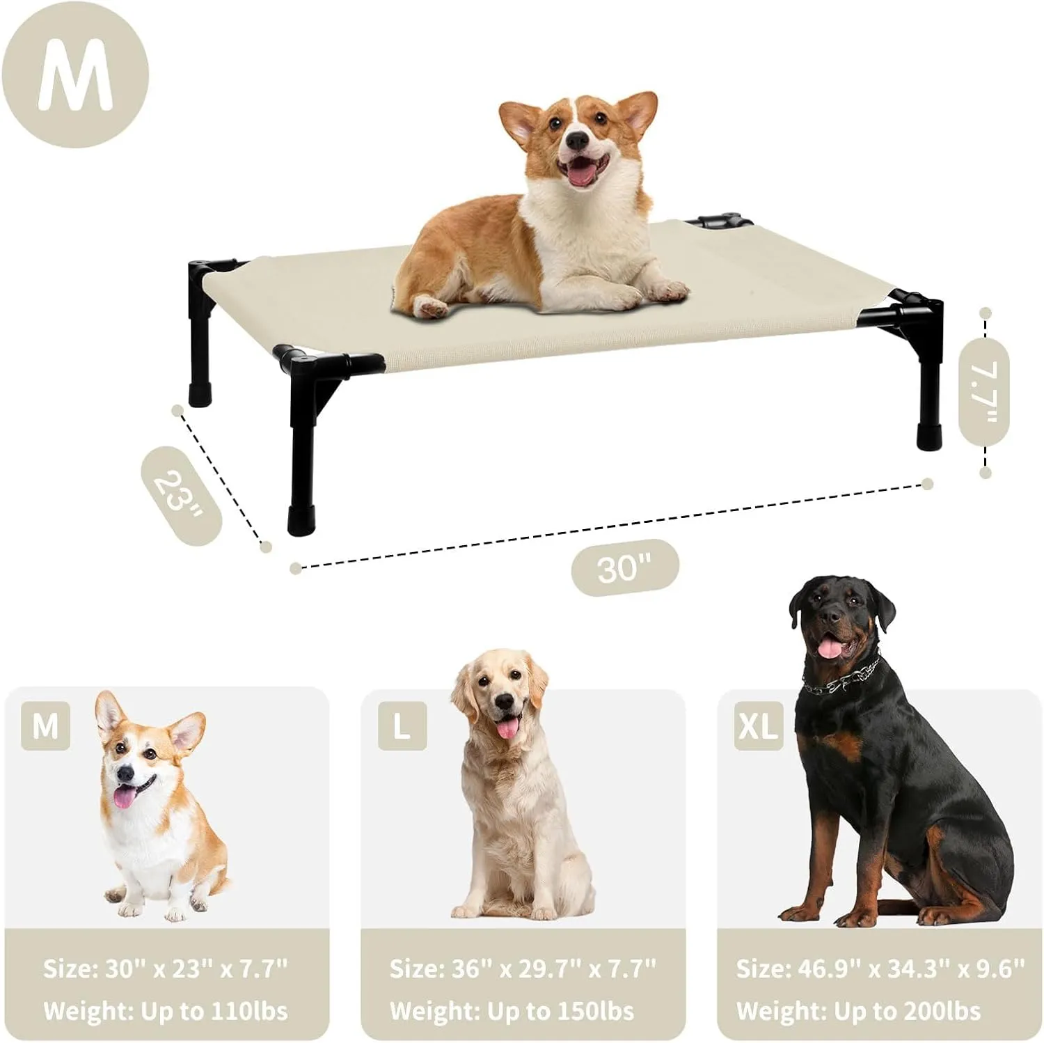 FIOCCO Elevated Dog Bed - Dog Cot with Chew Proof Mesh for Medium Dogs, Waterproof Washable Raised Pet Bed, Portable Pet Bed for Outdoor Use, Dogs Cot Beds, Beige