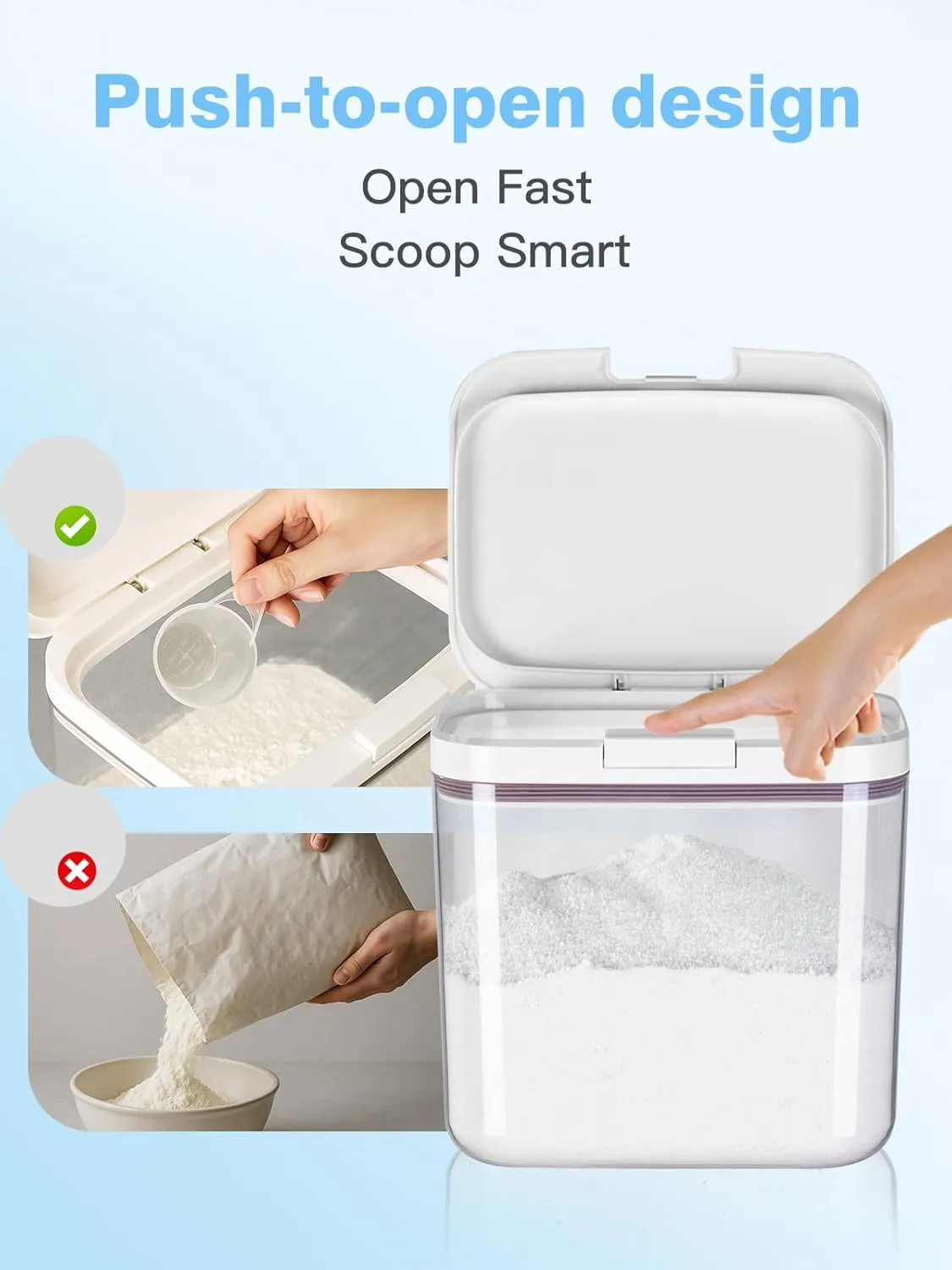Flour sugar storage containers with One-Press Lid | BPA-Free Clear PET Airtight food container with scoop| Stackable cereal Storage Organizer 8x6.5x5.5in 2.8L/6Lbs