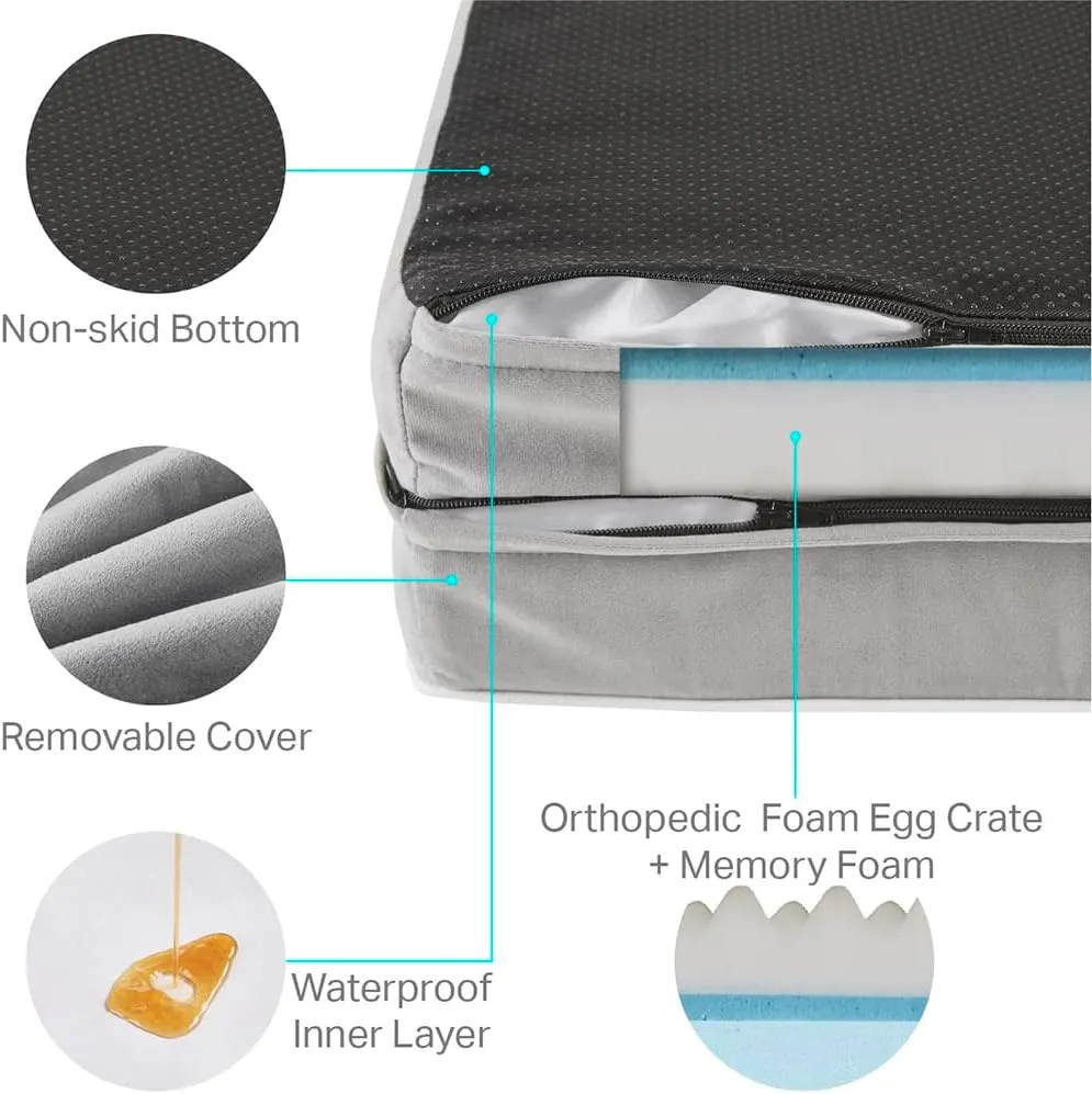 Friends Forever Orthopedic Dog Bed for Extra Large Dogs, Waterproof Memory Foam Dog Sofa Bed XL with Removable Washable Cover, Ally Grey, 42x32x7