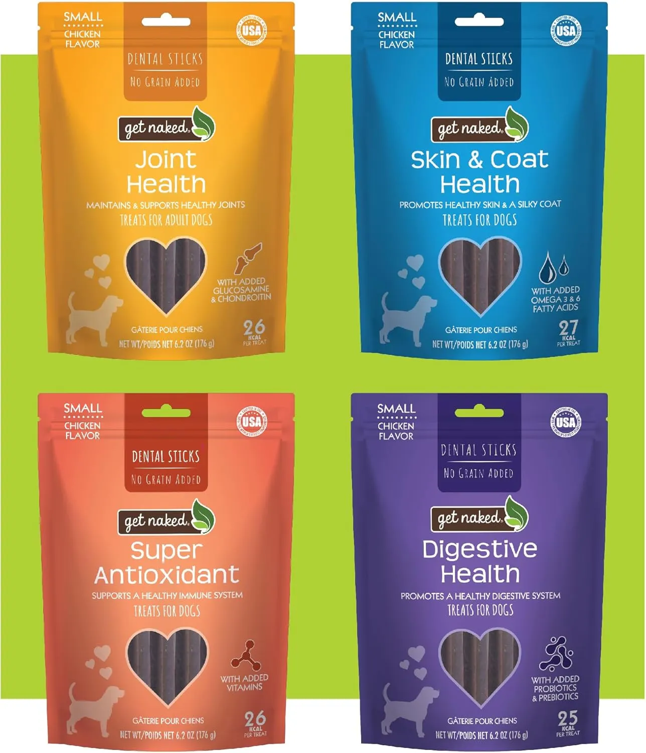 Get Naked Dental Sticks Grain-Free Chicken Flavor Dog Treats Variety Pack, Digestive Health   Skin & Coat   Joint Health   Super Antioxidant, Total 4 Bags, 24.8-oz, 64 Sticks