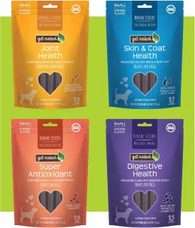 Get Naked Dental Sticks Grain-Free Chicken Flavor Dog Treats Variety Pack, Digestive Health   Skin & Coat   Joint Health   Super Antioxidant, Total 4 Bags, 24.8-oz, 64 Sticks