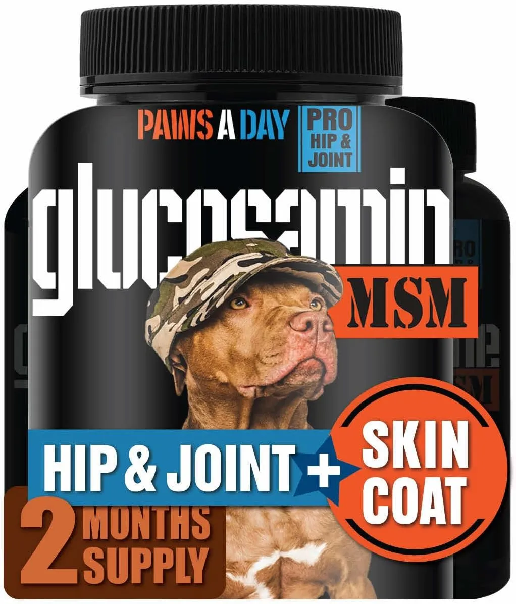 Glucosamine for Dogs Hip & Joint Supplement  Two-in-One Combo Dog Joint Care and Improved Skin & Coat with Chondroitin, MSM, Omega 3, Collagen & Biotin, 60 Chewable Tablets