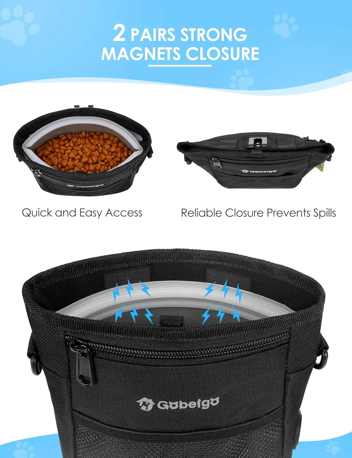 Gobeigo Dog Treat Pouch with Silicone Liner, 4 Cup3 Ways to Wear  Treat Bag with Training Clicker, Front Pocket fits All Phones, Upgrade Stronger Magnetic Closure Walking Fanny Pack (Black)