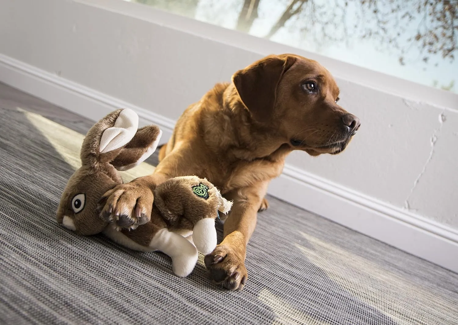 goDog Wildlife Rabbit Squeaky Plush Dog Toy, Chew Guard Technology - Brown, Large
