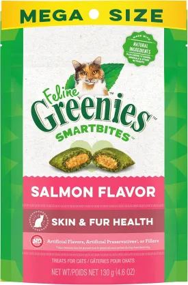Greenies Feline Smartbites Skin & Fur Health Crunchy and Soft Natural Cat Treats, Salmon Flavor, 4.6 oz. Pouch