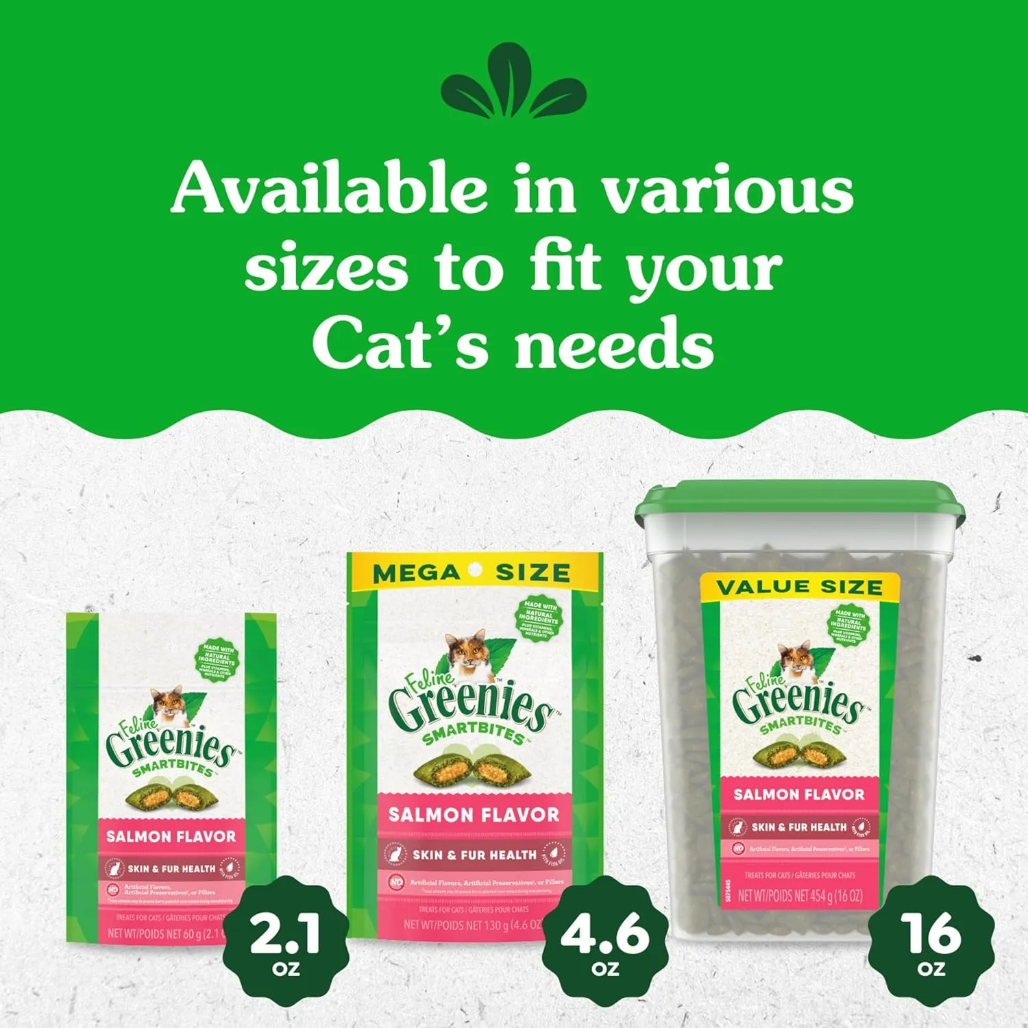 Greenies Feline Smartbites Skin & Fur Health Crunchy and Soft Natural Cat Treats, Salmon Flavor, 4.6 oz. Pouch