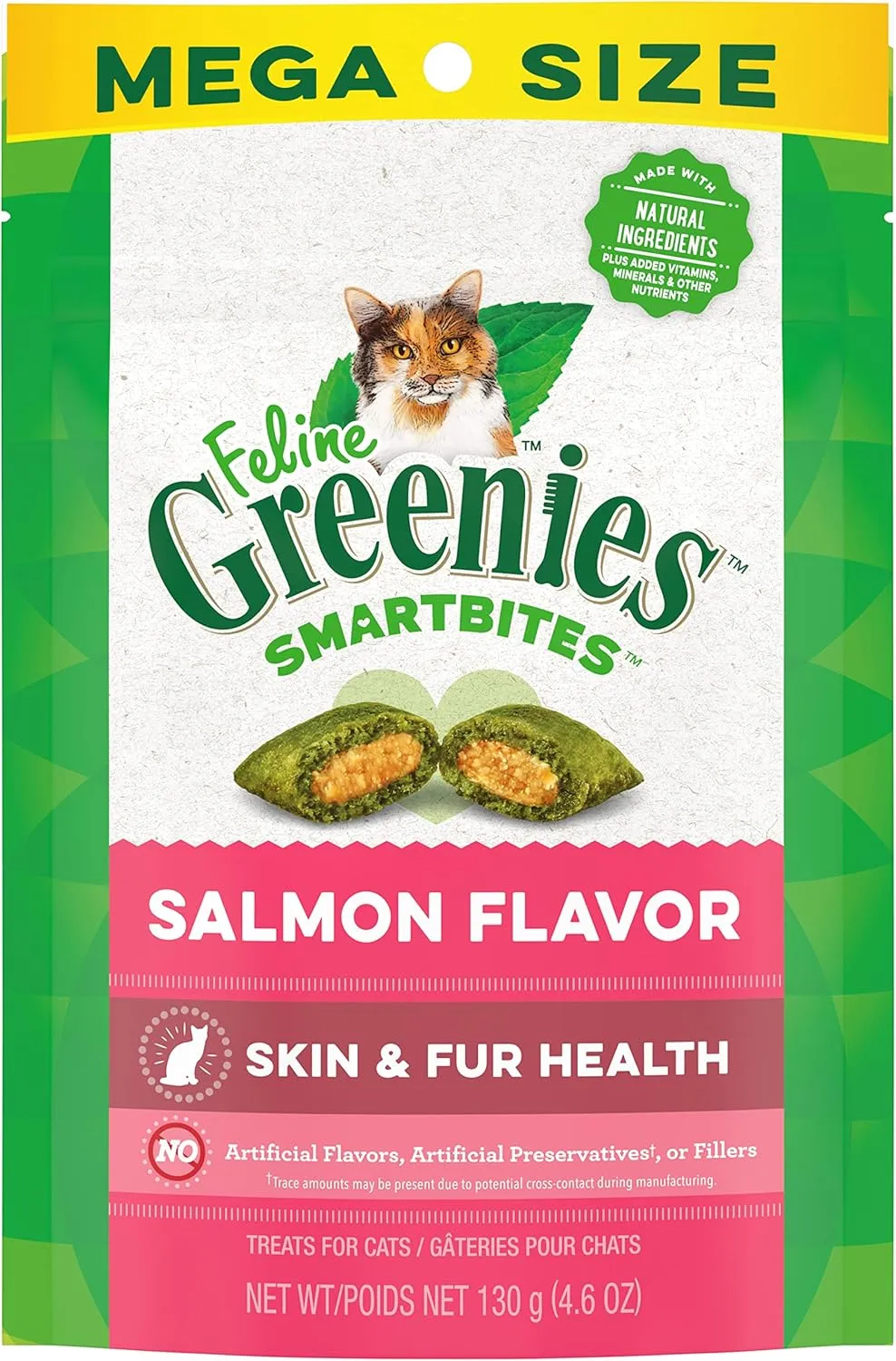 Greenies Feline Smartbites Skin & Fur Health Crunchy and Soft Natural Cat Treats, Salmon Flavor, 4.6 oz. Pouch