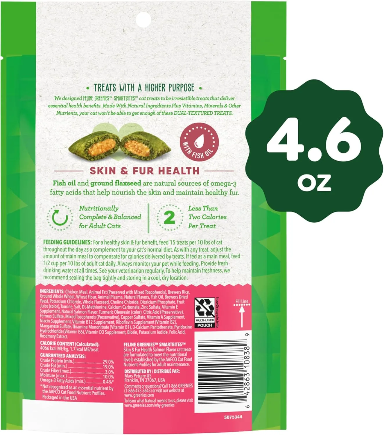 Greenies Feline Smartbites Skin & Fur Health Crunchy and Soft Natural Cat Treats, Salmon Flavor, 4.6 oz. Pouch