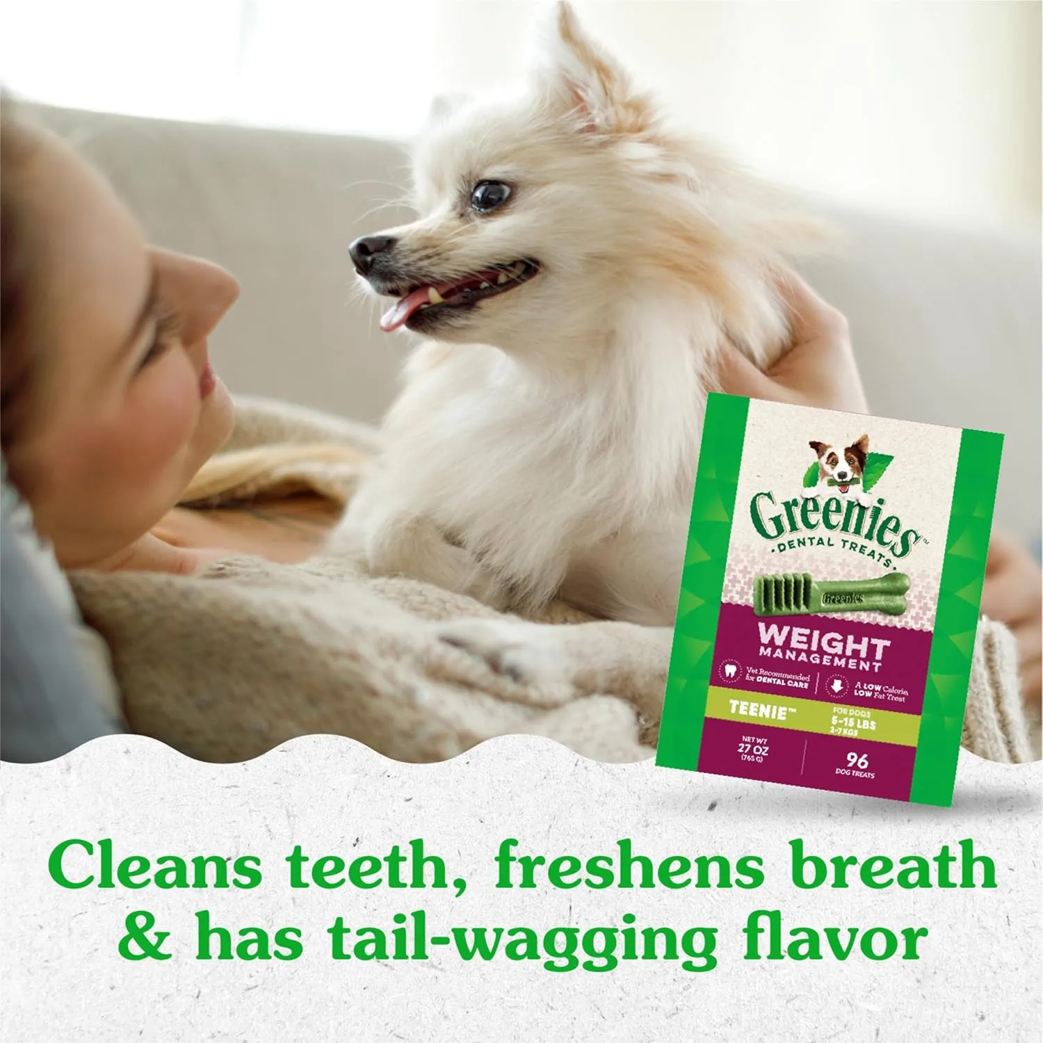 Greenies Weight Management Teenie Natural Dog Dental Care Chews Weight Control Dog Treats, 27 oz. Pack (96 Treats)