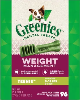 Greenies Weight Management Teenie Natural Dog Dental Care Chews Weight Control Dog Treats, 27 oz. Pack (96 Treats)