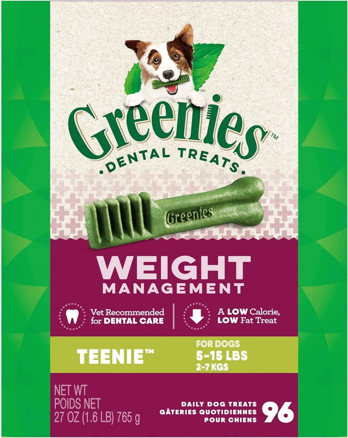 Greenies Weight Management Teenie Natural Dog Dental Care Chews Weight Control Dog Treats, 27 oz. Pack (96 Treats)