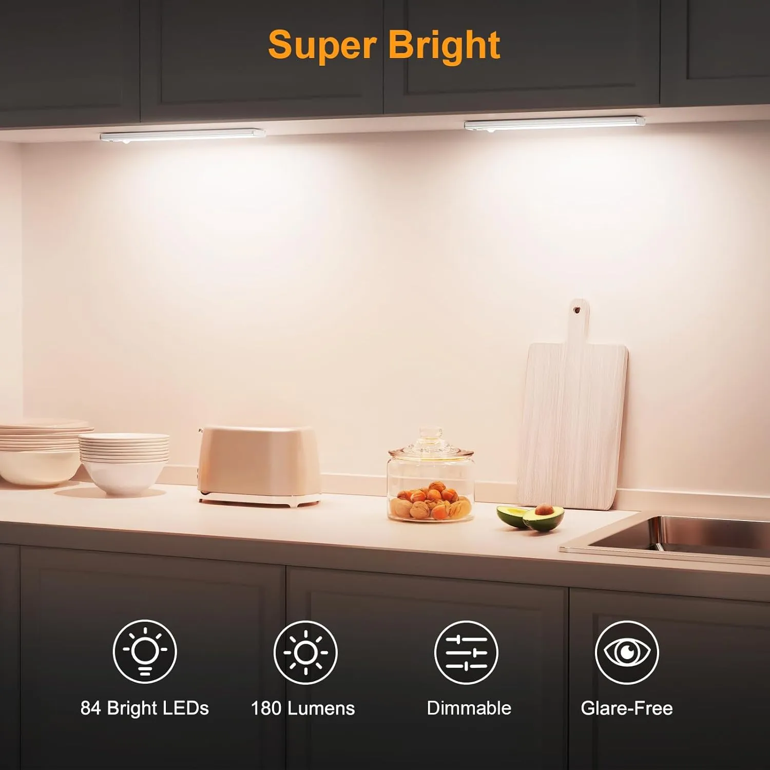 Gritin 10.2inch Under Cabinet Lighting Rechargeable -84 LED Super Bright,3-Color& 5 Level Brightness,4 Modes,Motion Sensor, Long Lasting- Easy Installation Magnetic Under Cabinet Closet Lights -2 Pack