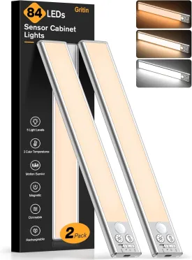 Gritin 10.2inch Under Cabinet Lighting Rechargeable -84 LED Super Bright,3-Color& 5 Level Brightness,4 Modes,Motion Sensor, Long Lasting- Easy Installation Magnetic Under Cabinet Closet Lights -2 Pack