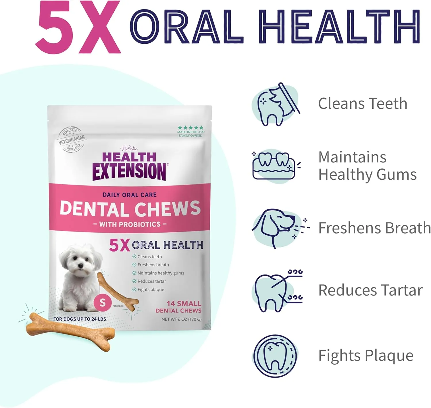 Health Extension Probiotic Dental Bones for Dogs, 14 Small Bones  Supports Dental Health, Promotes Digestive Health, Ideal for Puppy Training