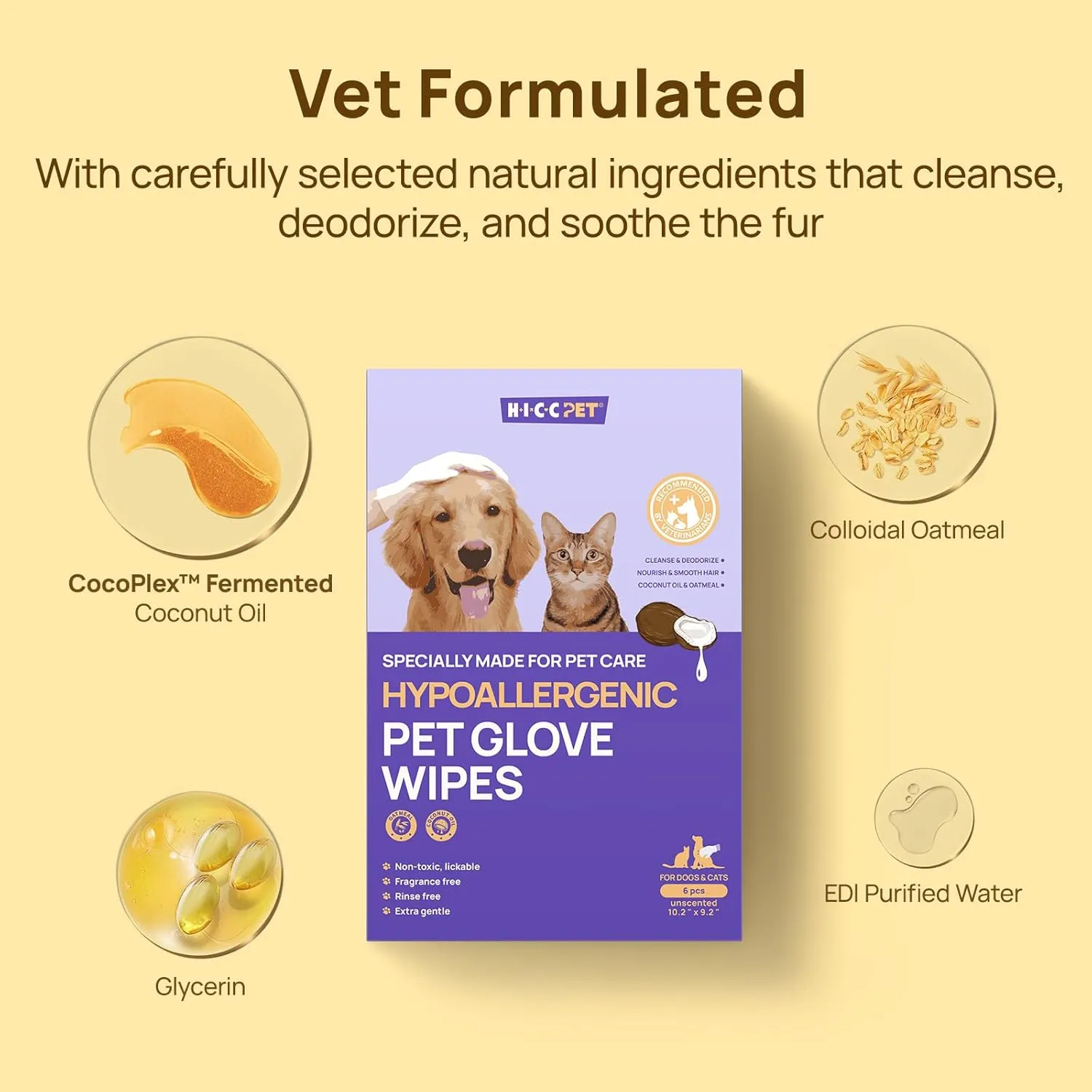 HICC PET Cleaning Deodorizing Bathing Wipes for Dogs & Cats, Hypoallergenic Dog Cleaning Glove Wipes, Nourishing & Grooming Fur, Cat Cleaning Wipes Remove Odor