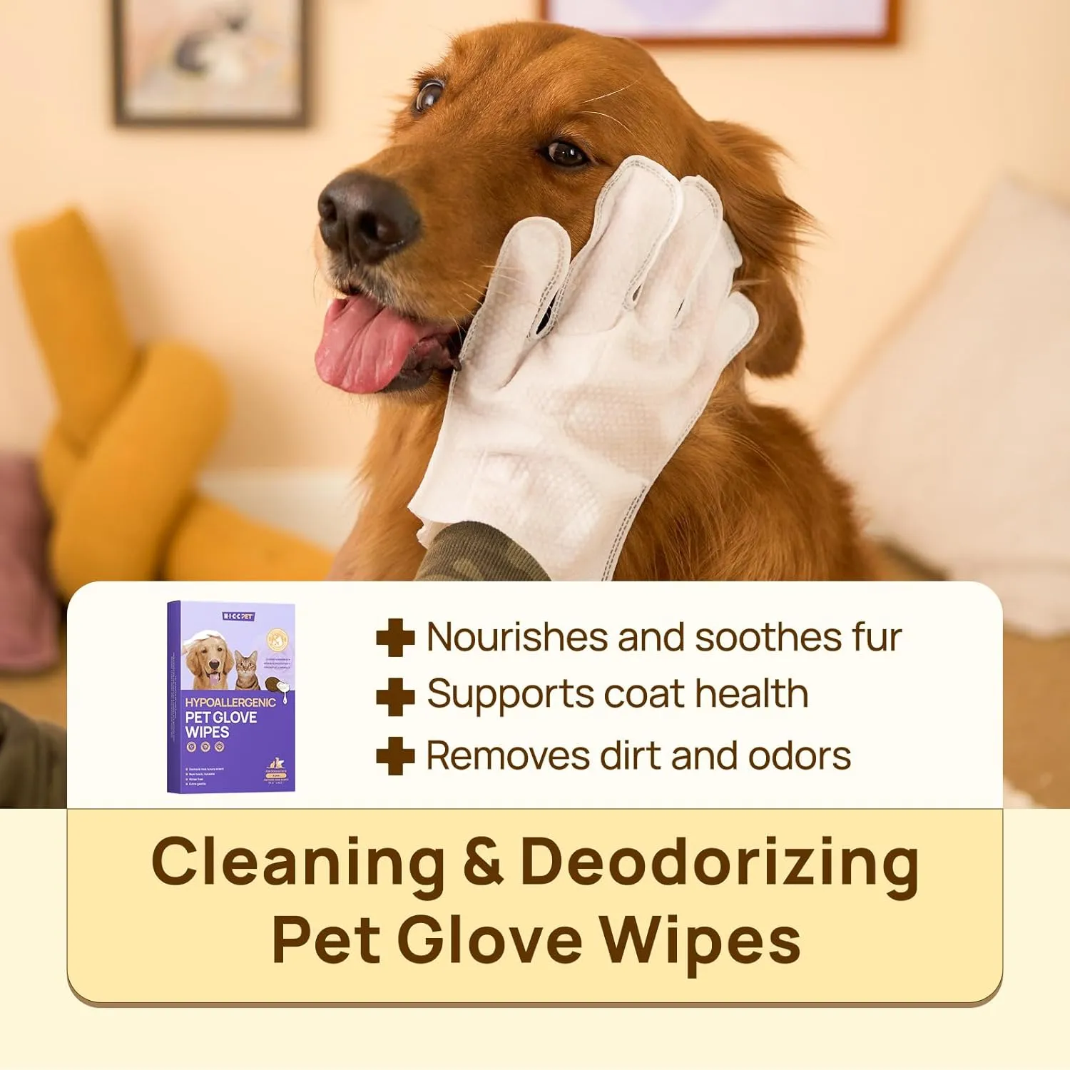 HICC PET Cleaning Deodorizing Bathing Wipes for Dogs & Cats, Hypoallergenic Dog Cleaning Glove Wipes, Nourishing & Grooming Fur, Cat Cleaning Wipes Remove Odor