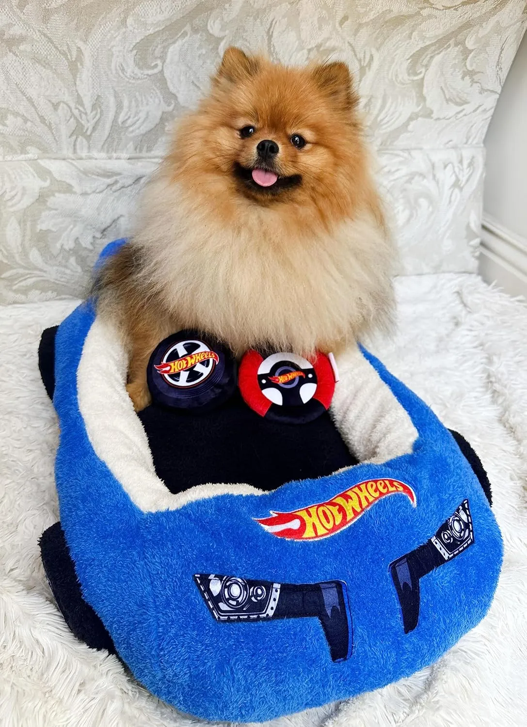 Hot Wheels Plush Car Pet Bed for Dogs and Cats - Blue Themed With Toy Steering Wheel and Tire, Comfortable Car Design