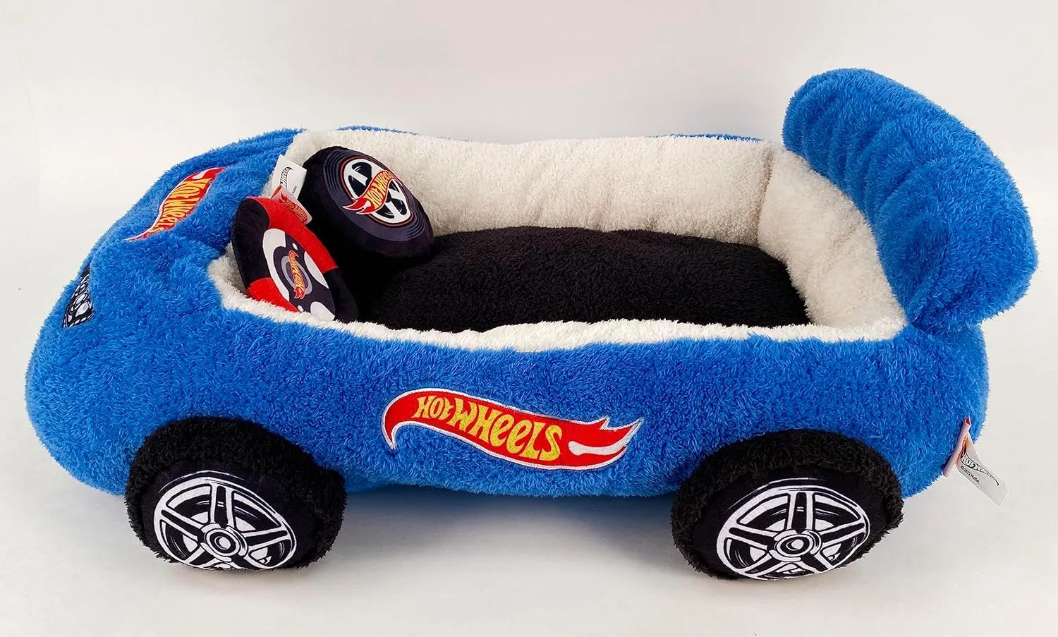 Hot Wheels Plush Car Pet Bed for Dogs and Cats - Blue Themed With Toy Steering Wheel and Tire, Comfortable Car Design