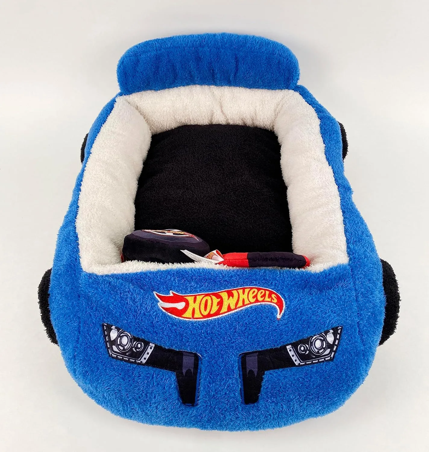 Hot Wheels Plush Car Pet Bed for Dogs and Cats - Blue Themed With Toy Steering Wheel and Tire, Comfortable Car Design