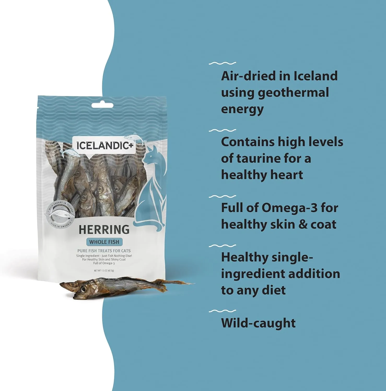 Icelandic  Whole Fish Herring - 1.5oz Bag - Cat Treats, Pure Wild-Caught & Air-Dried, Single Ingredient Snack, Pet Chew, Just The Fish Nothing Else