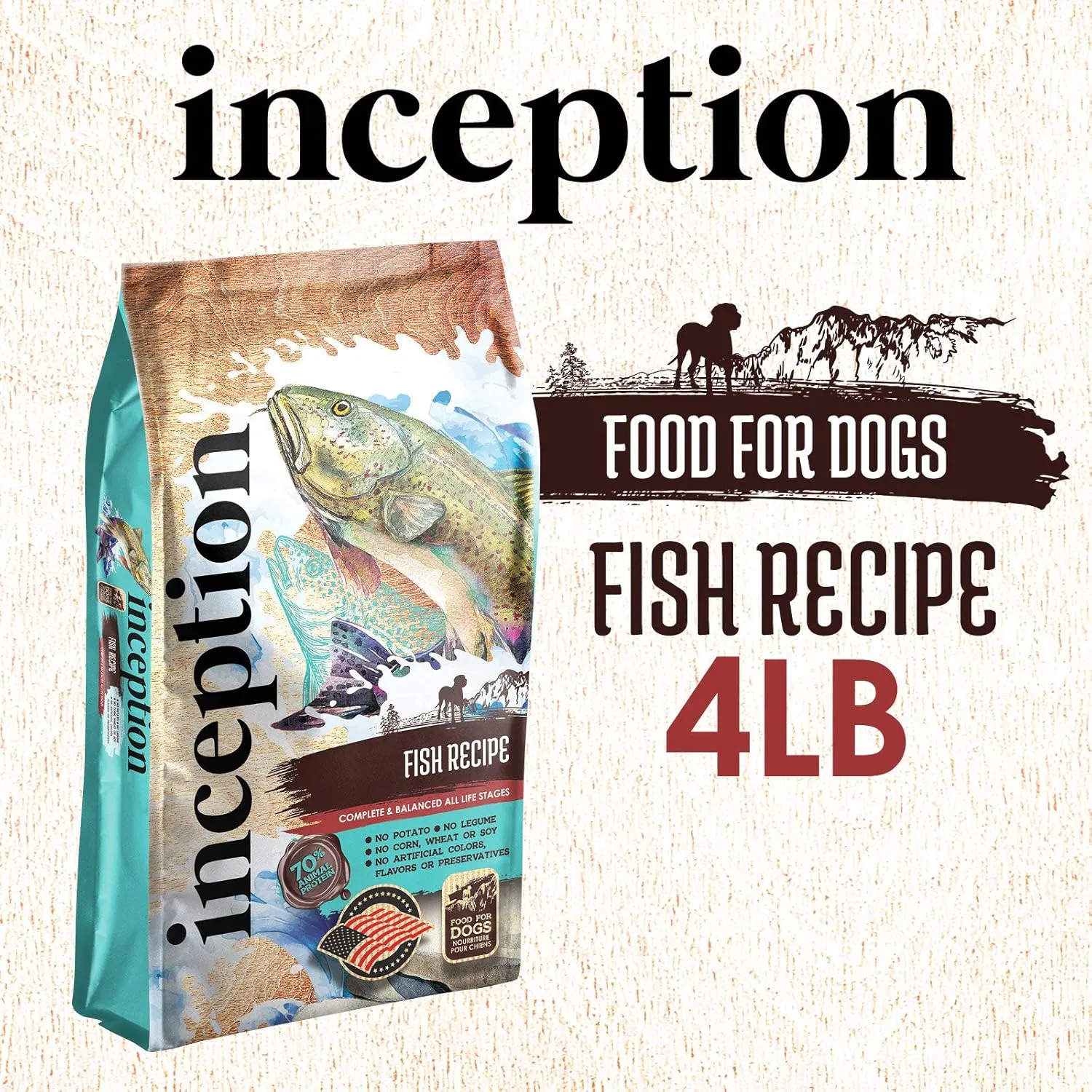 Inception Dry Dog Food Fish Recipe  Complete and Balanced Dog Food  Legume Free Meat First Dry Dog Food  4 lb. Bag (13278)