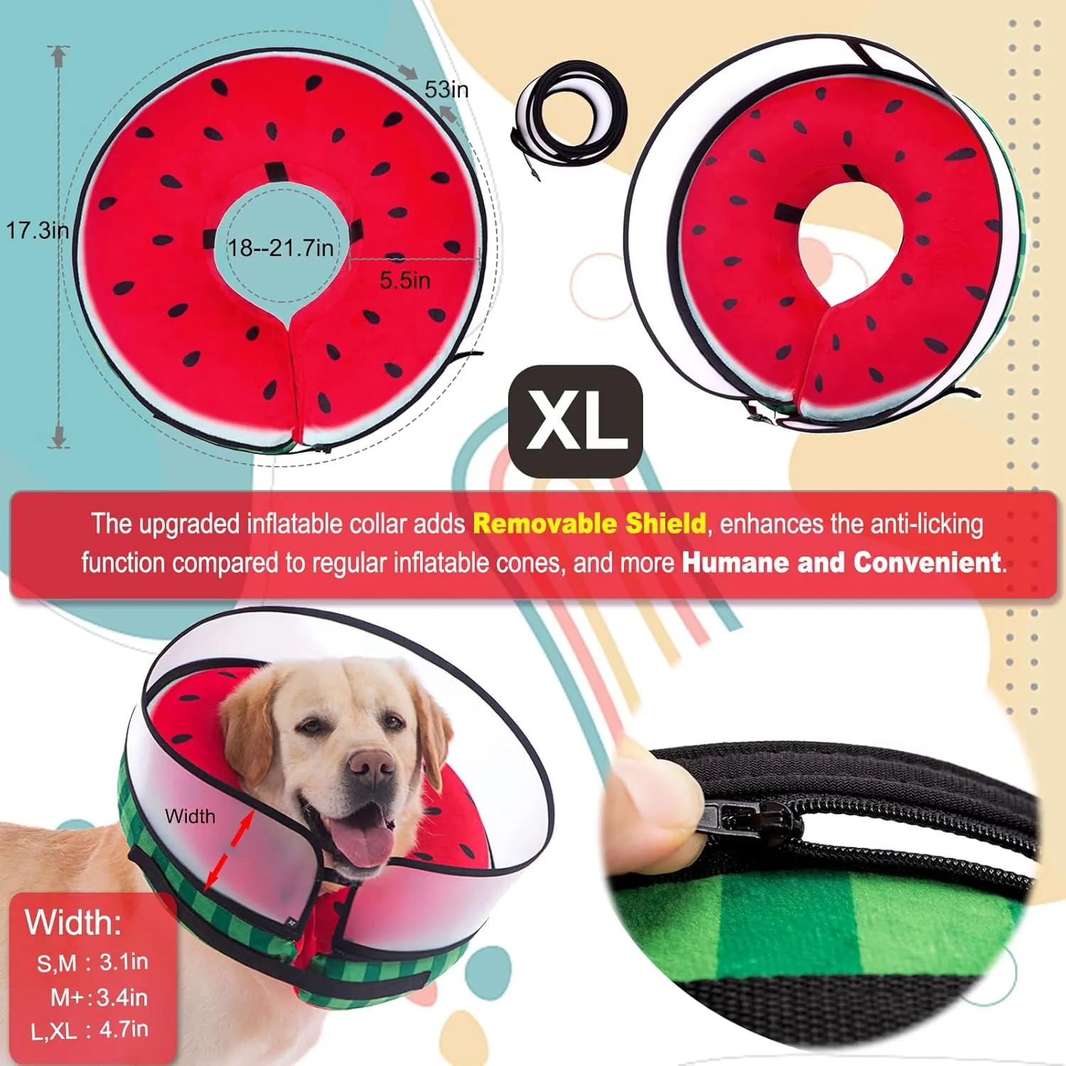 Inflatable Dog Cone Collar with Enhanced Anti-Licking, Soft Neck Donut for Dogs Cats, Recovery Pet Cone Collar After Surgery for Large Medium Small Dogs (Watermelon, X-Large)