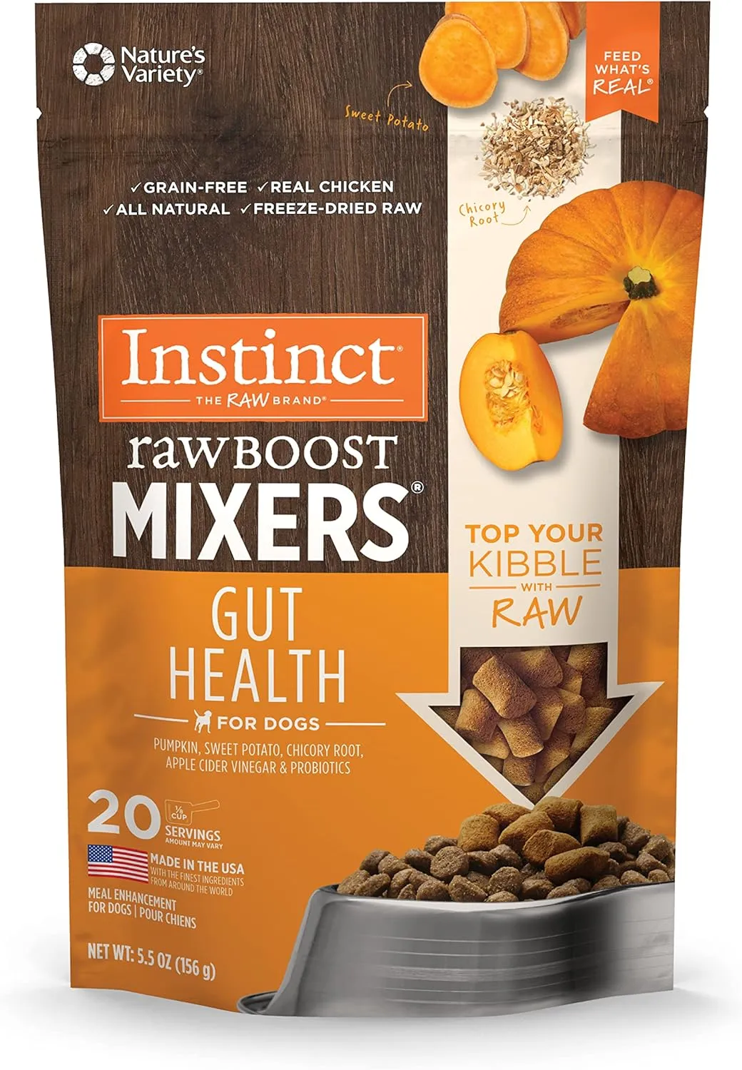 Instinct Raw Boost Mixers, Freeze Dried Dog Food Topper with Functional Ingredients, Grain Free, Real Chicken - Gut Health , 5.5 oz. Bag