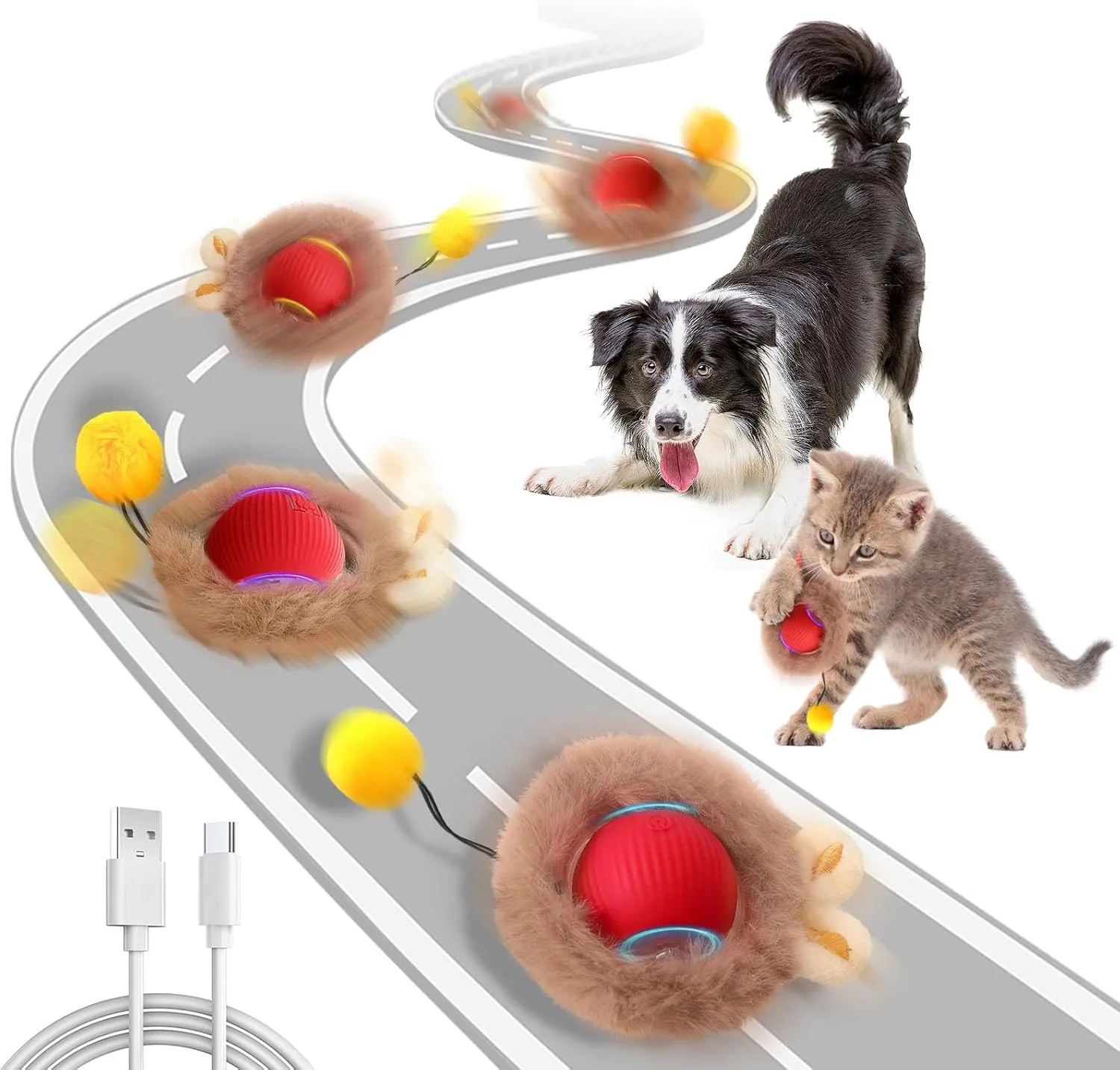 Interactive Cat Ball Toy, Smart Rolling Cat Toy with Plush Cover, Motion Activated Automatic Kitten Toys for Indoor Cats Self Play (Red)