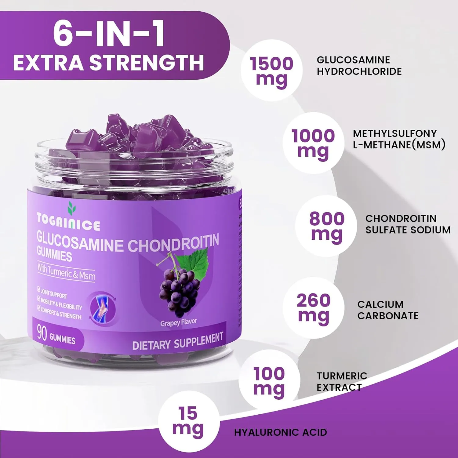 Joint Support Gummies with Glucosamine Chondroitin, Sugar Free, 1500mg Extra Strength with MSM & Turmeric (90 Count)