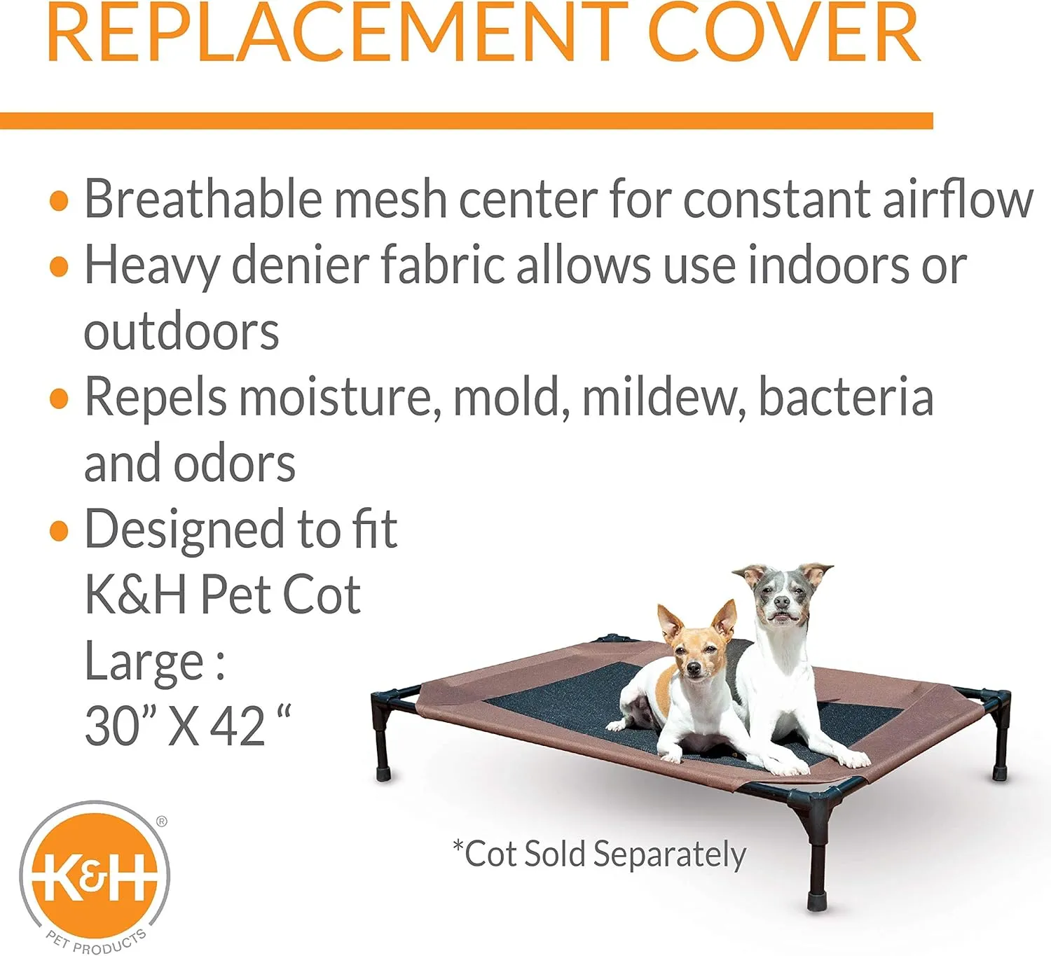 K&H Pet Products Dog Cot Replacement Cover, Designed to fit K&H Large Pet Cots (Sold Separately), Indoor Outdoor, Breathable Cooling Mesh Center, Machine Washable - Large 42 X 30in Chocolate