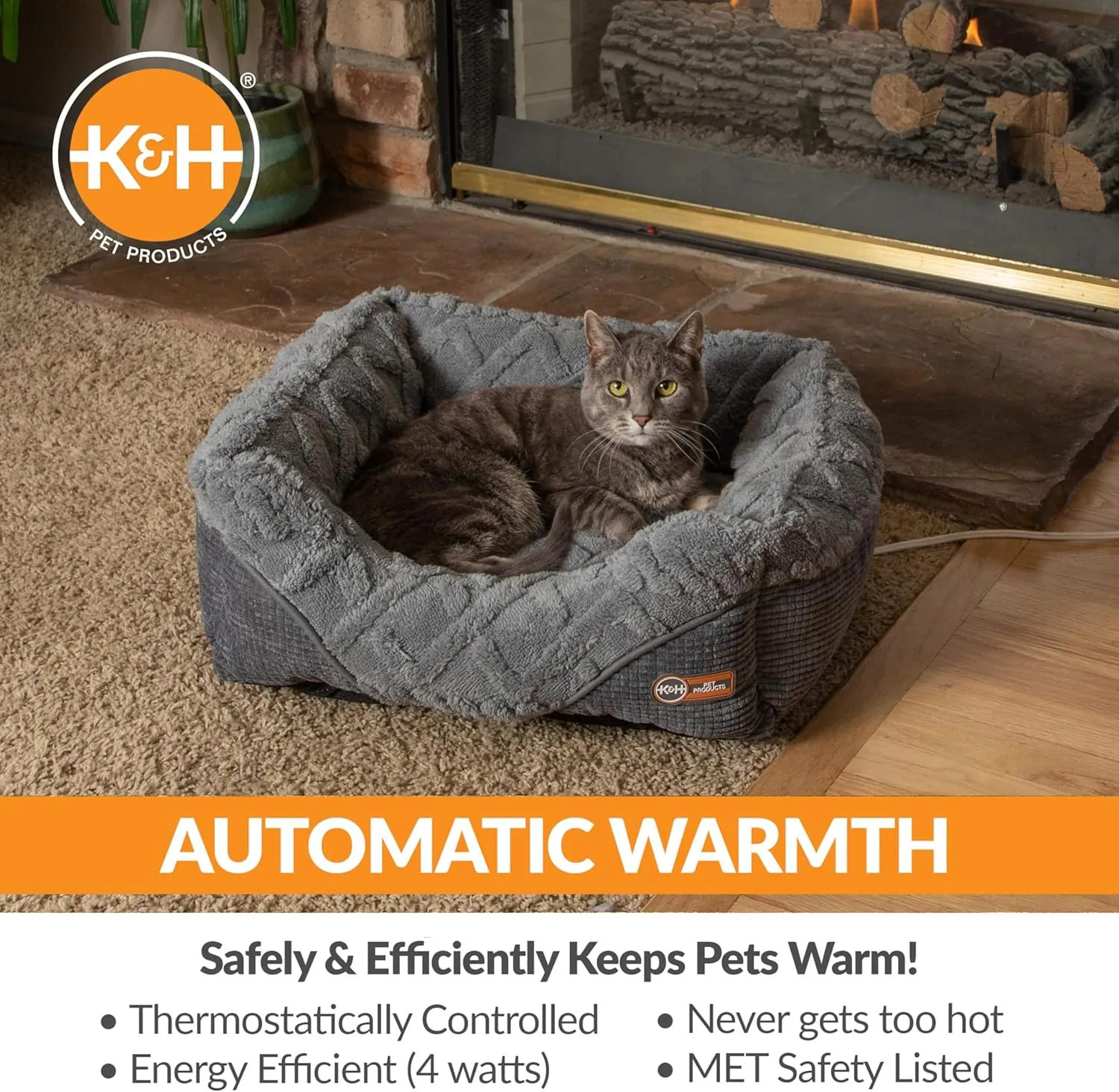 K&H Pet Products Thermo-Pet Lounge Sleeper Indoor Heated Pet Bed for Cats & Dogs, Bolstered Warm Calming Pillow Bed, Waterproof Heated Pad, Machine Washable, Safety Listed - Small 20.5 X 19.5in