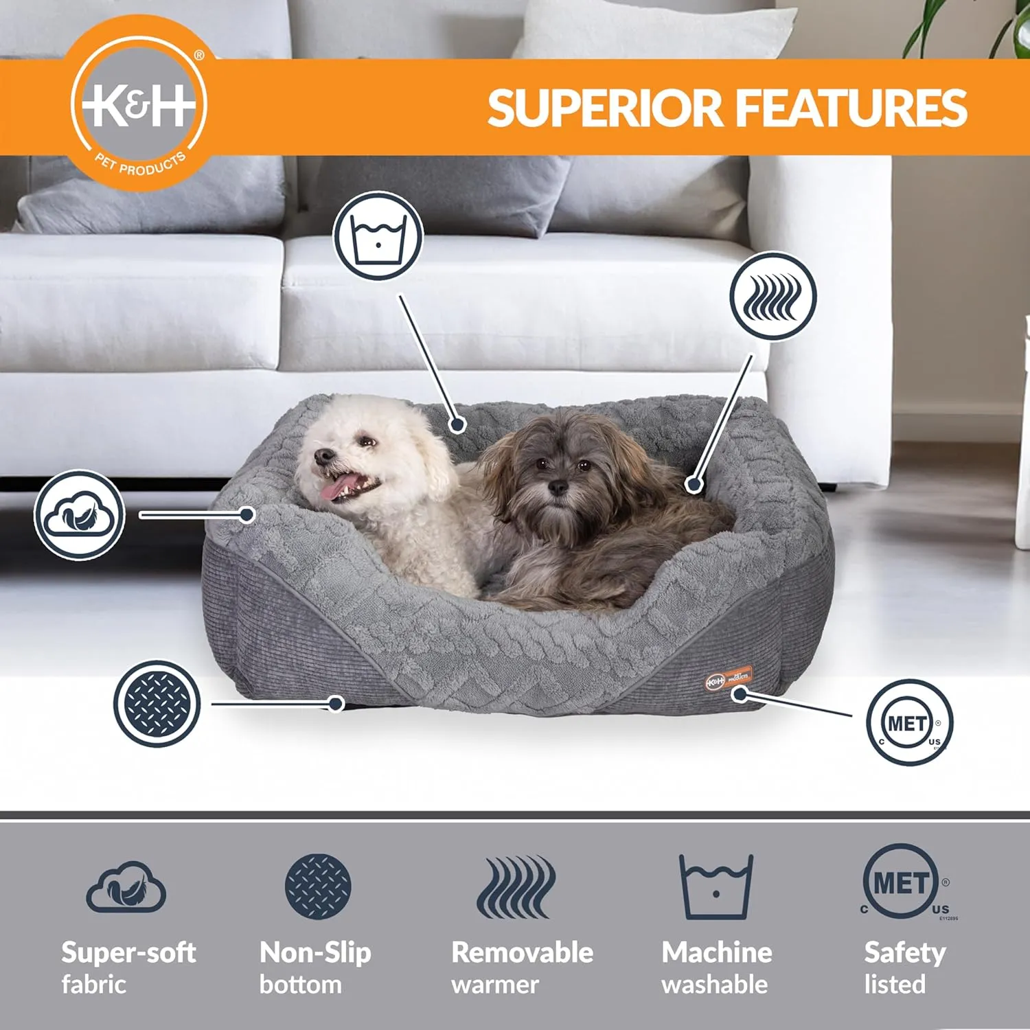 K&H Pet Products Thermo-Pet Lounge Sleeper Indoor Heated Pet Bed for Cats & Dogs, Bolstered Warm Calming Pillow Bed, Waterproof Heated Pad, Machine Washable, Safety Listed - Small 20.5 X 19.5in