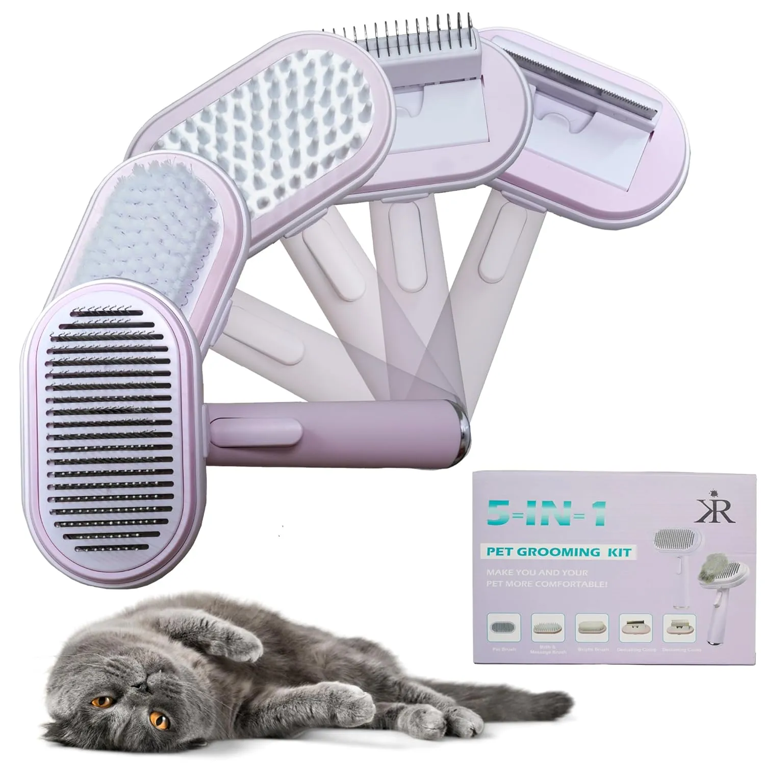 Kir Cat Brush with Release Button, Cat Comb with 5 heads, Pet Hair Remover, Cat Brushes for Indoor Cats Shedding, Pet Massaging Tool Suitable for Pets with Long or Short Hair (pink)