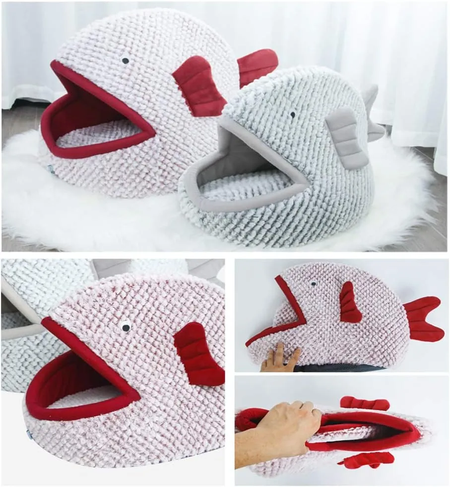 La La Pet Plush Cat Bed Cave Calming Washable Pet House Bed Selfwarming Pet Bed Foldable Cat Sleep Tent Dog Nest Soft Puppy House Bed for Cats and Small Dogs(Gray,S)