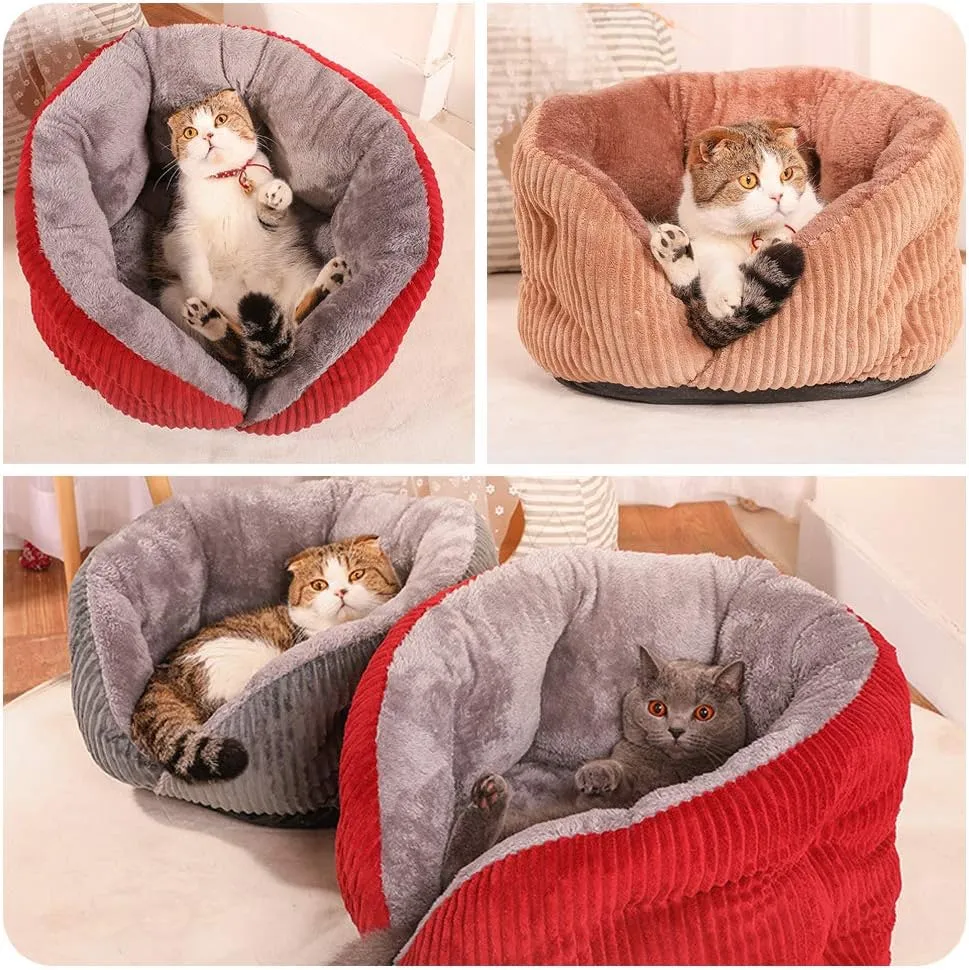 La La Pet Plush Cat Bed Cave Self Warming Dog Bed Washable Calming Pet Bed Cat Nest House for Small Dogs Puppy and Kitties, Camel, Medium