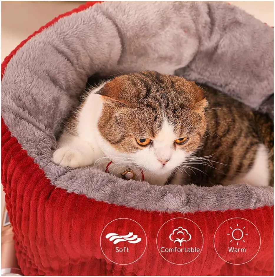 La La Pet Plush Cat Bed Cave Self Warming Dog Bed Washable Calming Pet Bed Cat Nest House for Small Dogs Puppy and Kitties, Camel, Medium