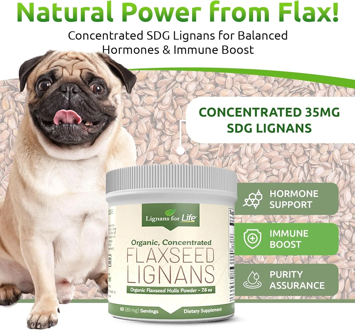 Lignans for Life - Natural Bulk Ground Flaxseed Powder - Omega 3 & 6 Fatty Acids Filled High Fiber Antioxidants - Support Healthy Heart & Hair, Healthy Immune System - 60 Servings 80mg per tab, 1 Pack