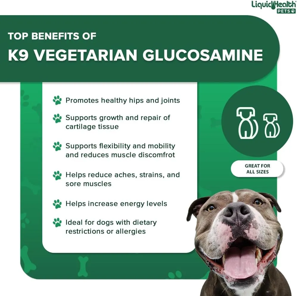 LIQUIDHEALTH Pets K9 Vegetarian Liquid Glucosamine Juice for All Dogs Canines with Chondroitin, MSM, Omega 3, Antioxidants, Hyaluronic Acid - Dog Vitamin Oil for Hip & Joint Health - USA Made (3 Pack)