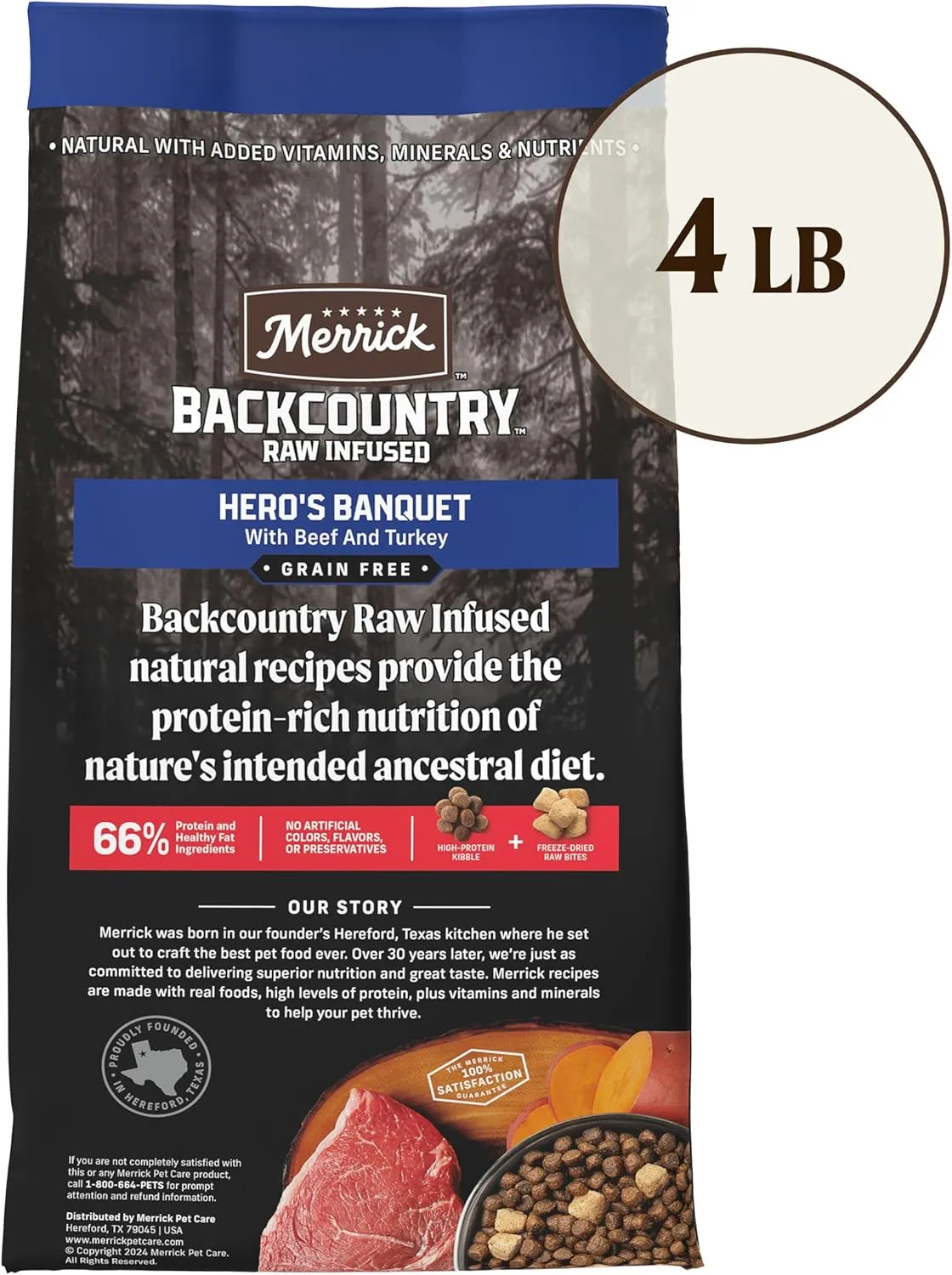 Merrick Backcountry Grain Free Dry Adult Dog Food, Kibble With Freeze Dried Raw Pieces, Heros Banquet Recipe - 4.0 lb. Bag