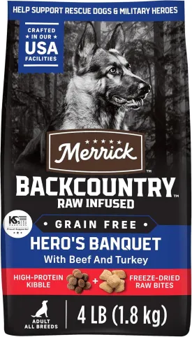 Merrick Backcountry Grain Free Dry Adult Dog Food, Kibble With Freeze Dried Raw Pieces, Heros Banquet Recipe - 4.0 lb. Bag