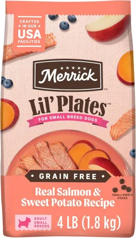 Merrick Lil Plates Premium Grain Free Dry Dog Food for Small Dogs, Real Salmon and Sweet Potato Kibble - 4.0 lb. Bag