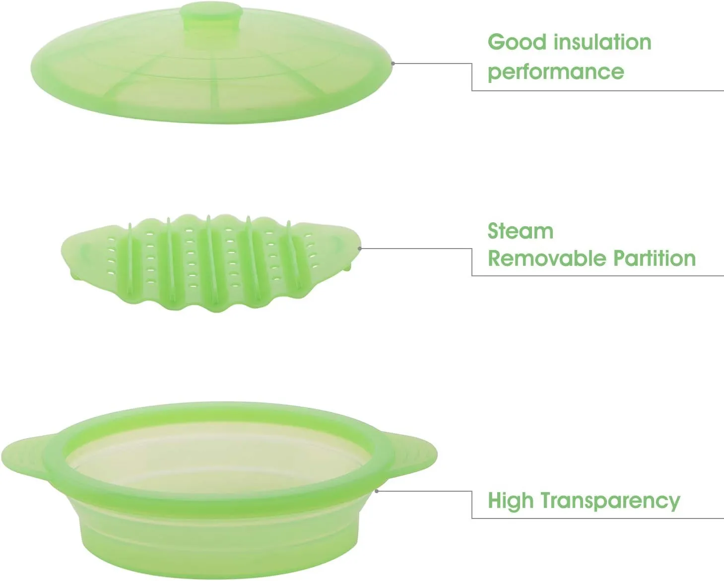 Microwave Steamer Cooker Collapsible Bowl-Silicone Steamer Cookware with Handle Lid for Vegetables Fish Prep Meal Food with Removable Rack BPA Free, Easy to Store, Freezer & Dishwasher Safe, Green
