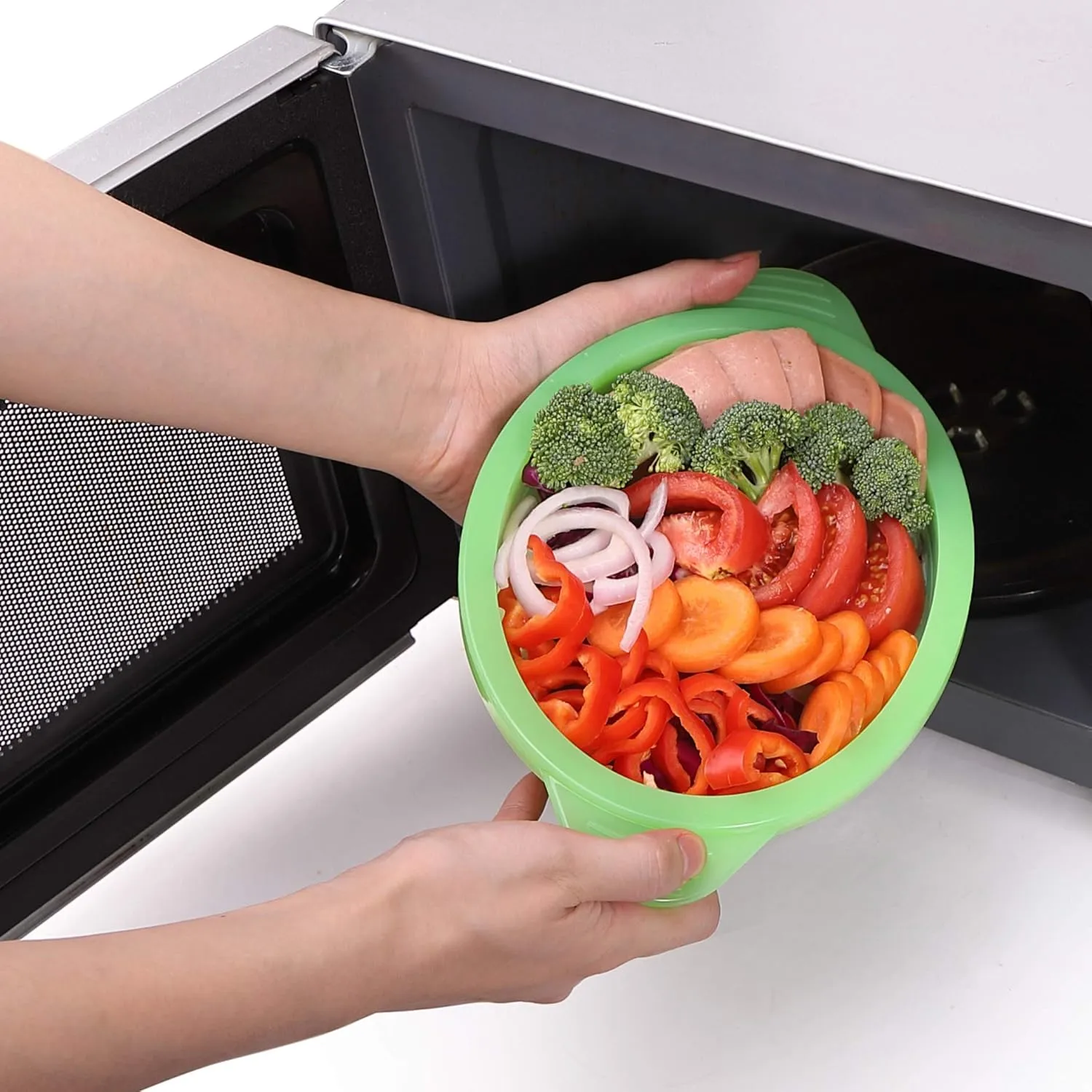 Microwave Steamer Cooker Collapsible Bowl-Silicone Steamer Cookware with Handle Lid for Vegetables Fish Prep Meal Food with Removable Rack BPA Free, Easy to Store, Freezer & Dishwasher Safe, Green