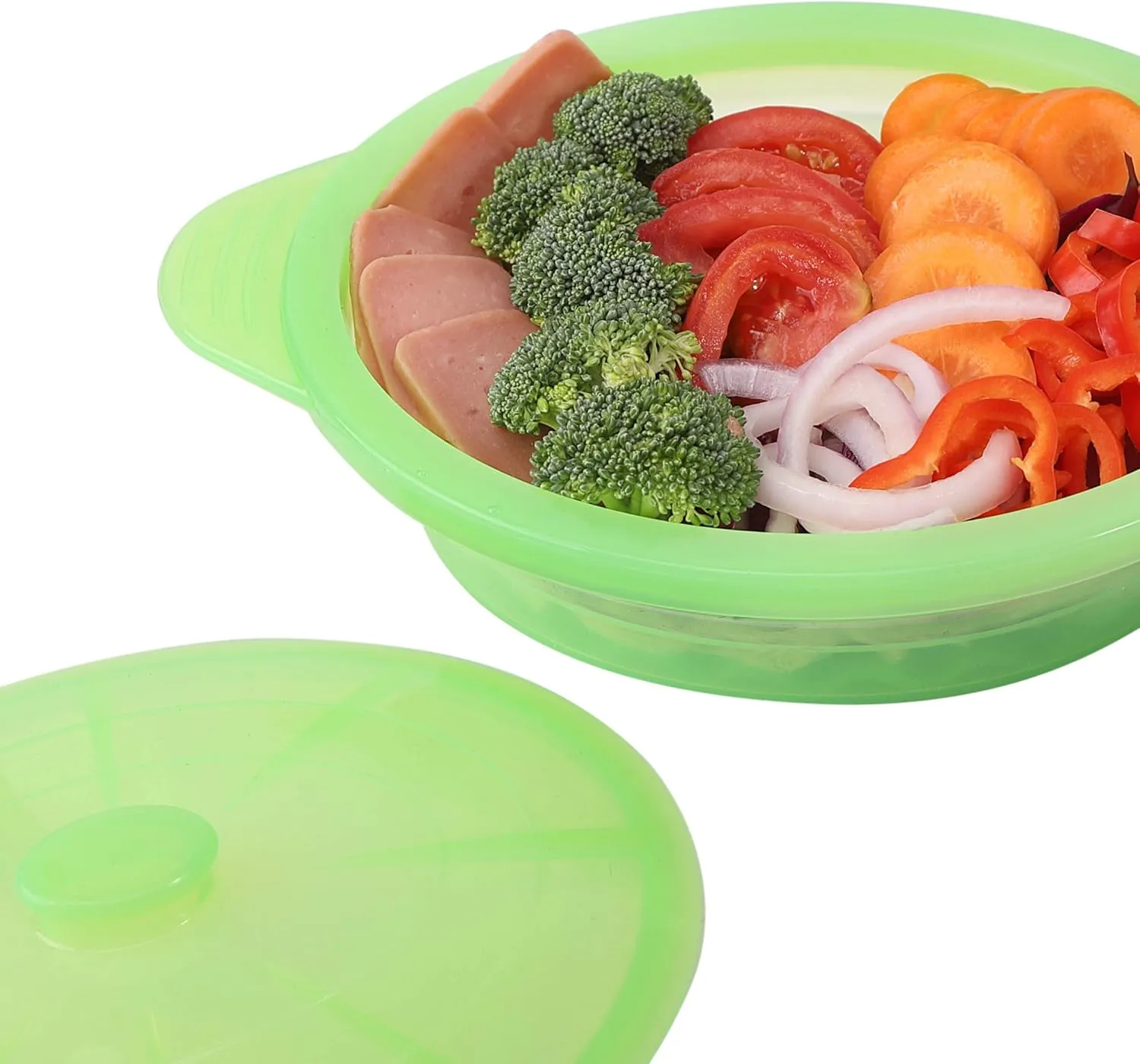 Microwave Steamer Cooker Collapsible Bowl-Silicone Steamer Cookware with Handle Lid for Vegetables Fish Prep Meal Food with Removable Rack BPA Free, Easy to Store, Freezer & Dishwasher Safe, Green